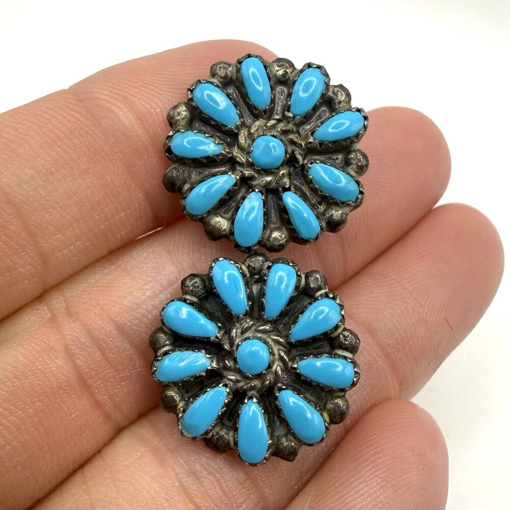 Vtg HB Sterling Silver Turquoise Cluster Earrings Signed Native  Petit Point